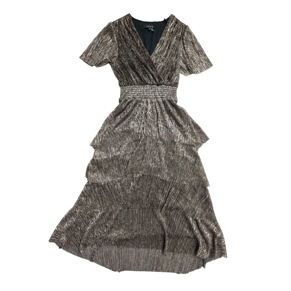 1.STATE Metallic Pleated Tiered Maxi Dress Smocked Waist Bronze Party Holiday XS
